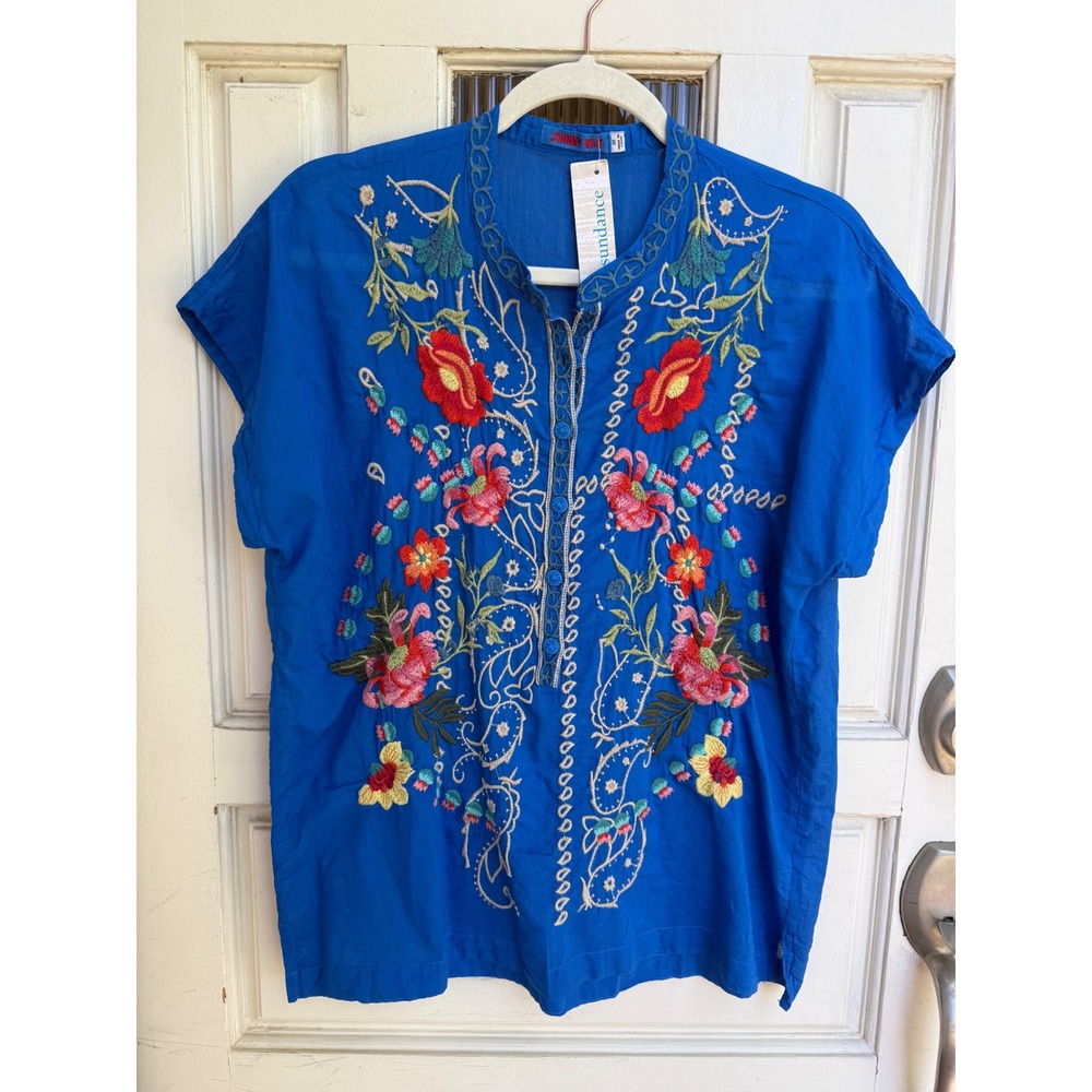 Johnny Was Peloza Top Blue Floral Embroidered Cotton Blouse Sundance Size XS